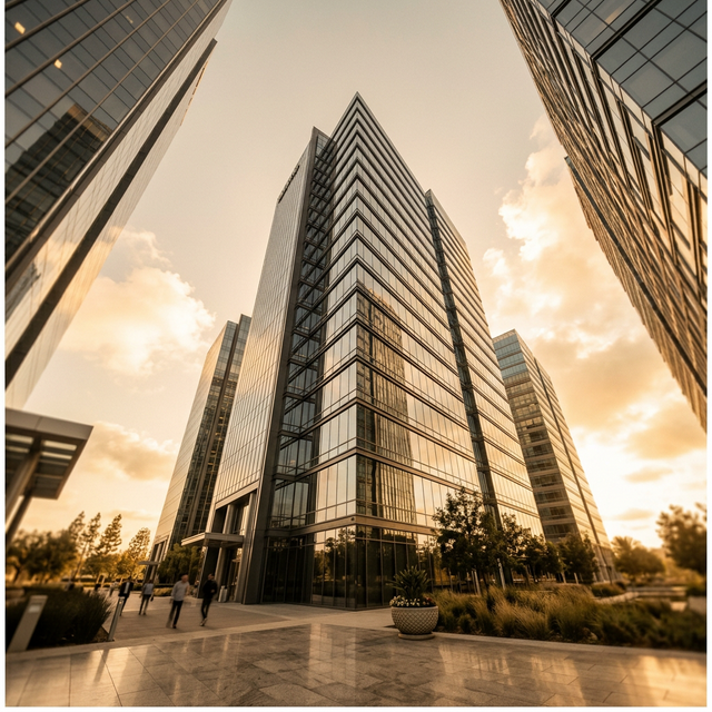 Modern office towers in Irvine, California at golden hour